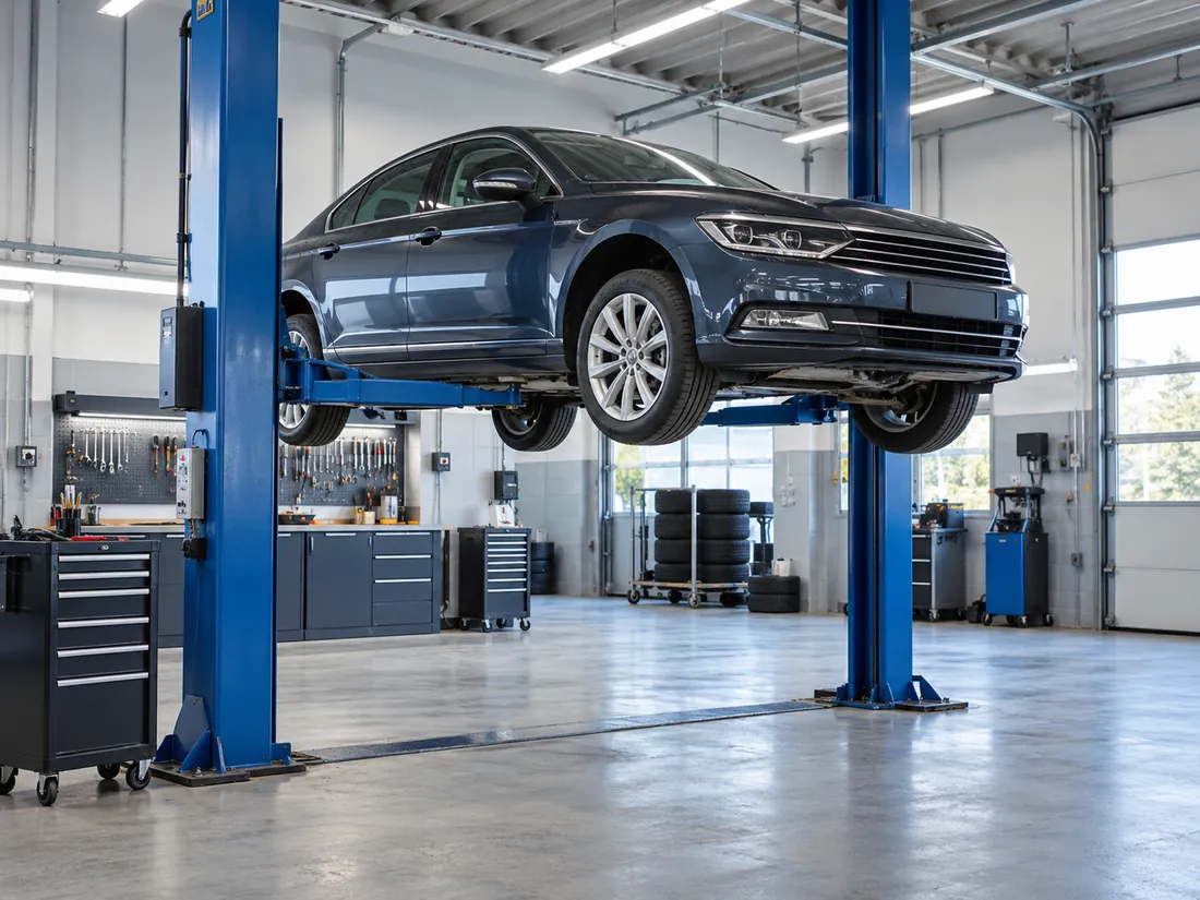 Fahrzeug auf einer Hebebühne in einer sauberen Werkstatt