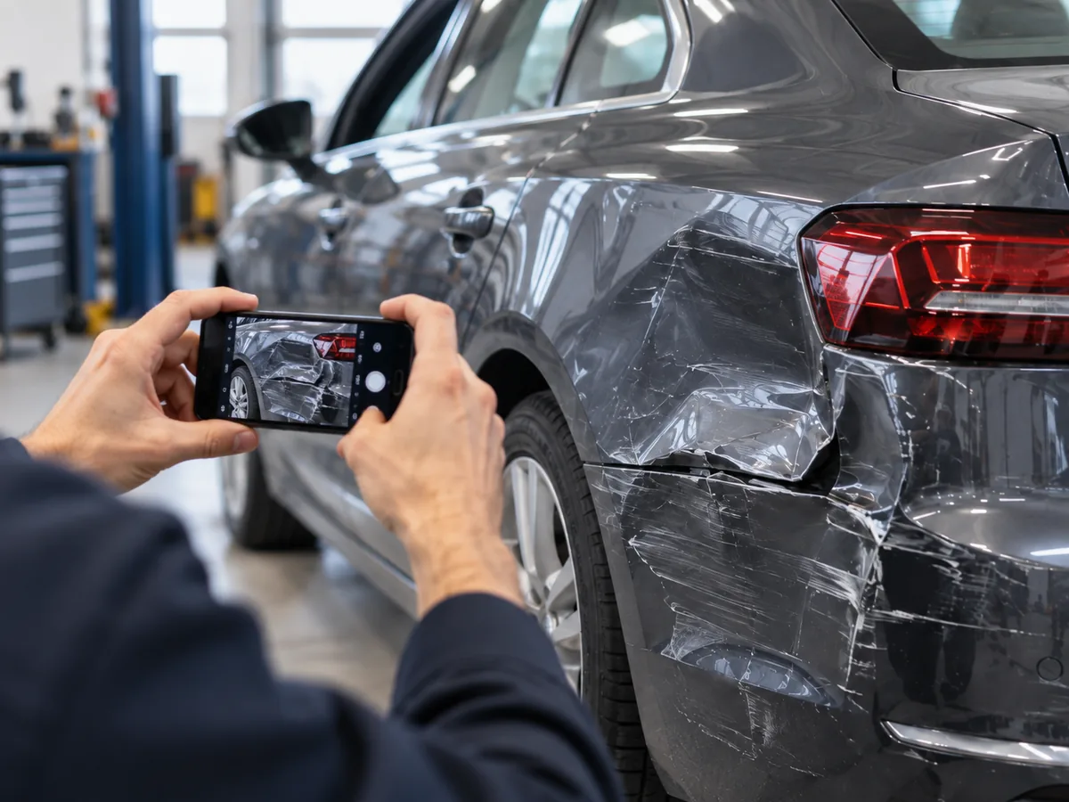 Schadensdokumentation an einem beschädigten Fahrzeug aus Schulterperspektive